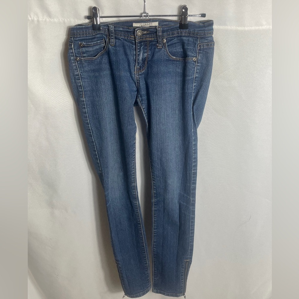 21 Denim Womens Skinny Jeans Size 26 Blue Stretch Ankle Zipper Hem Mid Rise